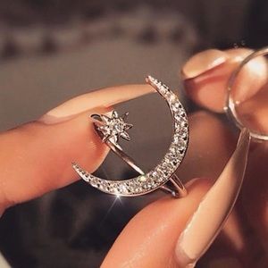 Crescent Moon Star Sterling Silver Ring